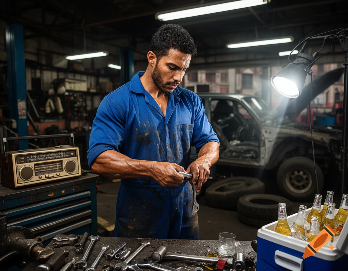 Photorealistic image of a focused Latin mechanic in a blue jumpsuit, surrounded by tools and a cooler of drinks in a garage.