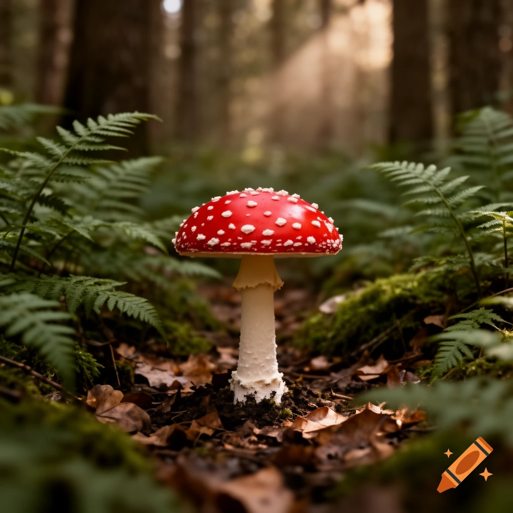 A vibrant red and white spotted mushroom stands in a mossy forest with sunlight streaming through the trees.