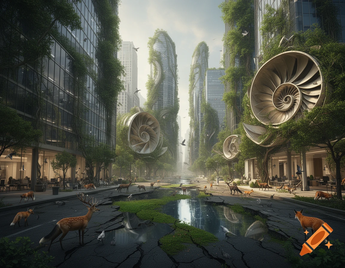 Photorealistic scene of a city reclaimed by nature with vine-covered skyscrapers, cracked roads, a central stream, and roaming deer and foxes. Surreal spiral structures adorn buildings.