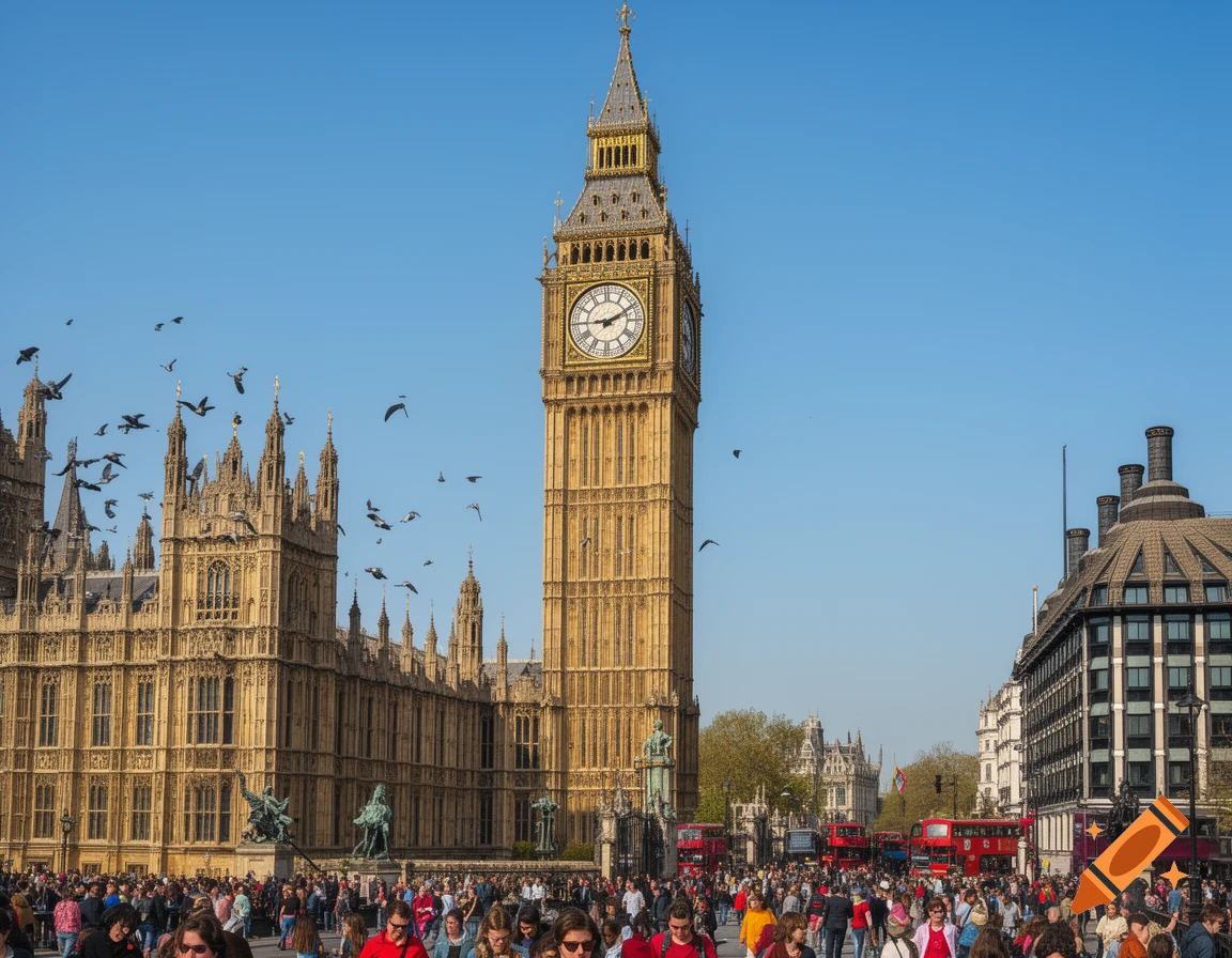 Photorealistic view of Big Ben and the Houses of Parliament in London with a large crowd and double-decker buses under a clear sky.