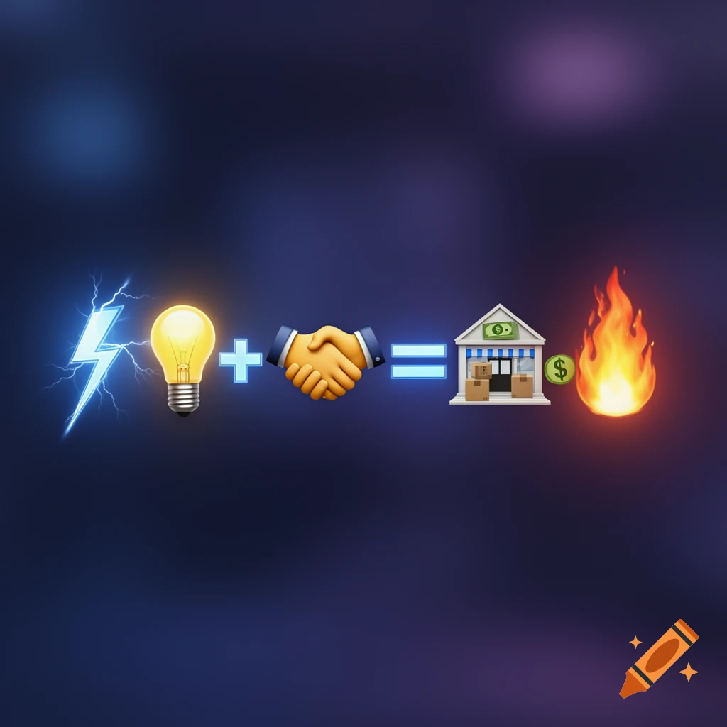 3D emojis depicting a lightning bolt, lightbulb, plus sign, handshake, equals sign, a storefront with boxes, a dollar sign coin, and fire, all on a dark background.