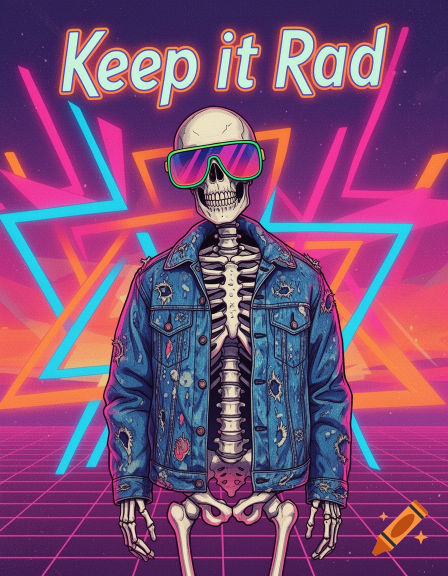 A stylized skeleton wearing a ripped denim jacket and pink-green sunglasses stands against a purple and orange synthwave grid background with neon geometric shapes. Text says 'Keep it Rad'.