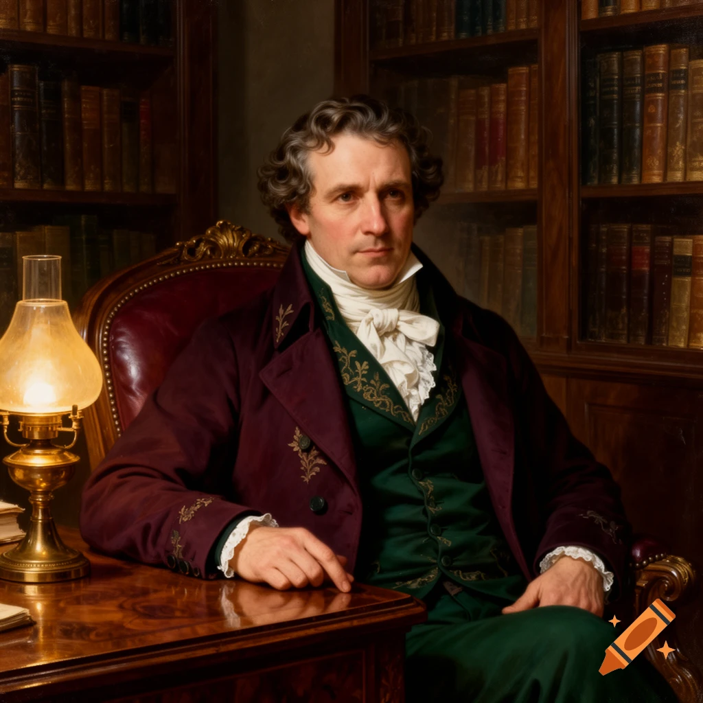A formal portrait of a man with curly hair, wearing a white cravat, green vest, and burgundy jacket, sitting at a wooden desk with a lamp in a library.