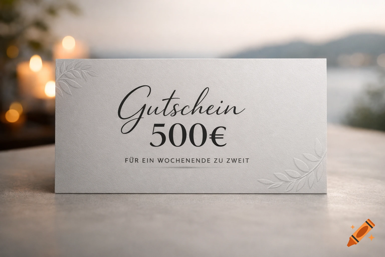 Photorealistic close-up of a grey gift voucher with 'Gutschein 500€ FÜR EIN WOCHENENDE ZU ZWEIT' text and embossed leaves.