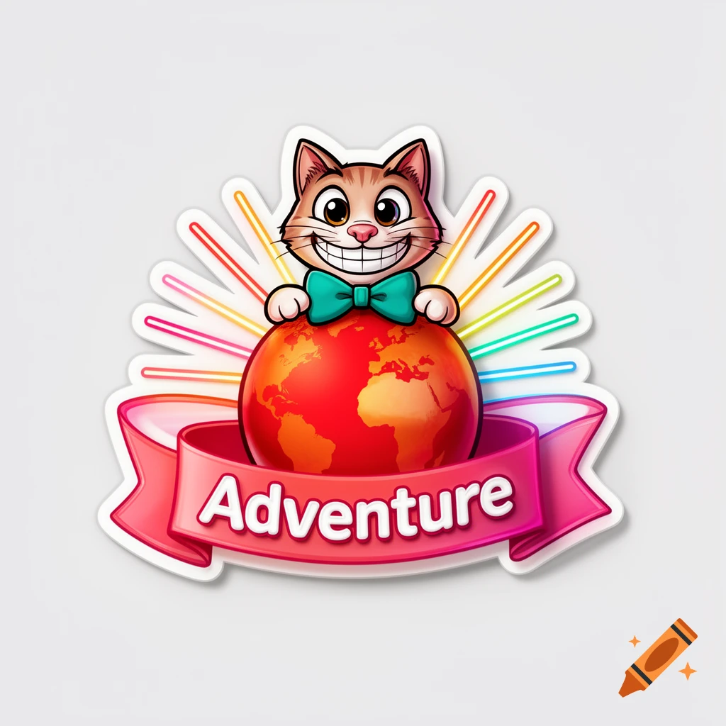 Cartoon sticker of a smiling cat in a bow tie on a red globe with an 'Adventure' banner and colorful rays.