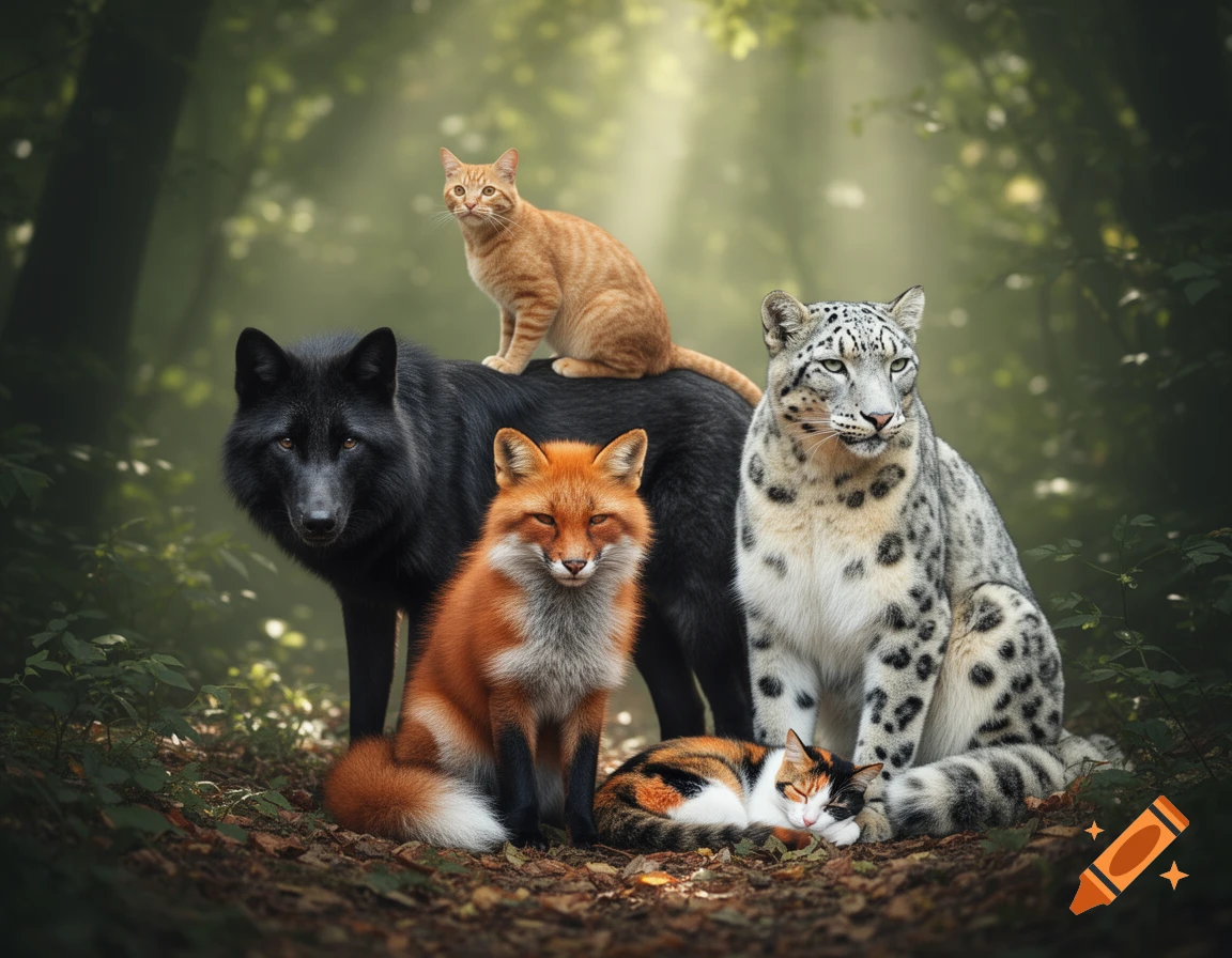 A photorealistic image of a black wolf, red fox, snow leopard, ginger cat, and sleeping calico cat together in a forest.