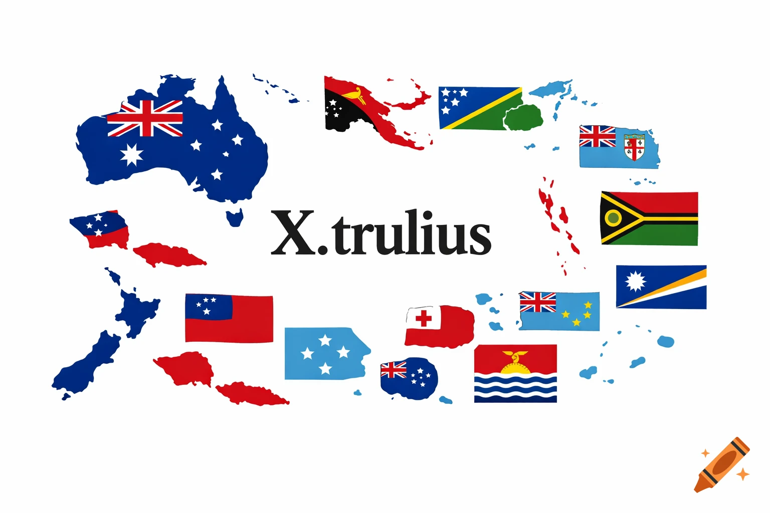 Maps of Oceania countries with their national flags and the text 'X.trulius' in the center.