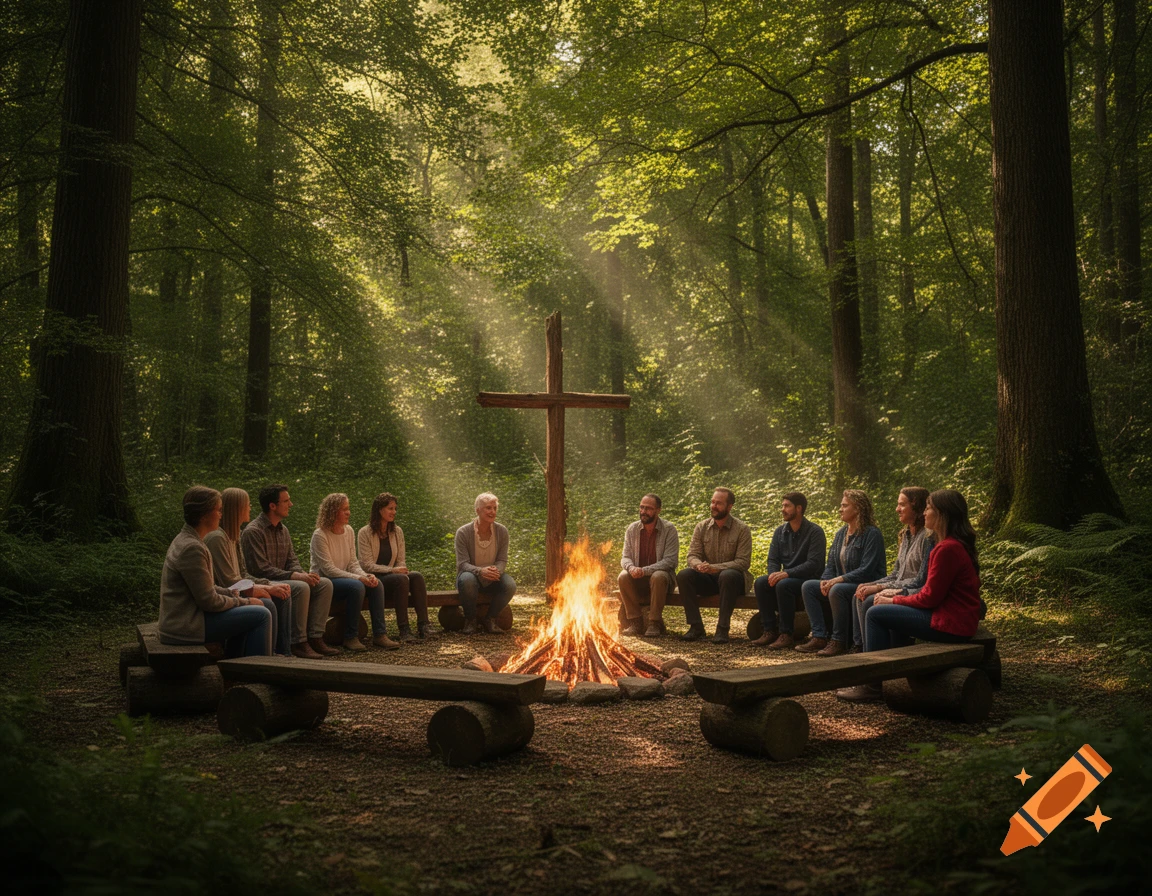 A group of people sit around a campfire with a wooden cross in a lush, sun-dappled forest.