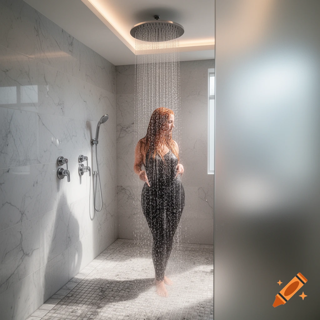 A woman with red hair in a black jumpsuit showers under a modern rain shower head in a marble bathroom.