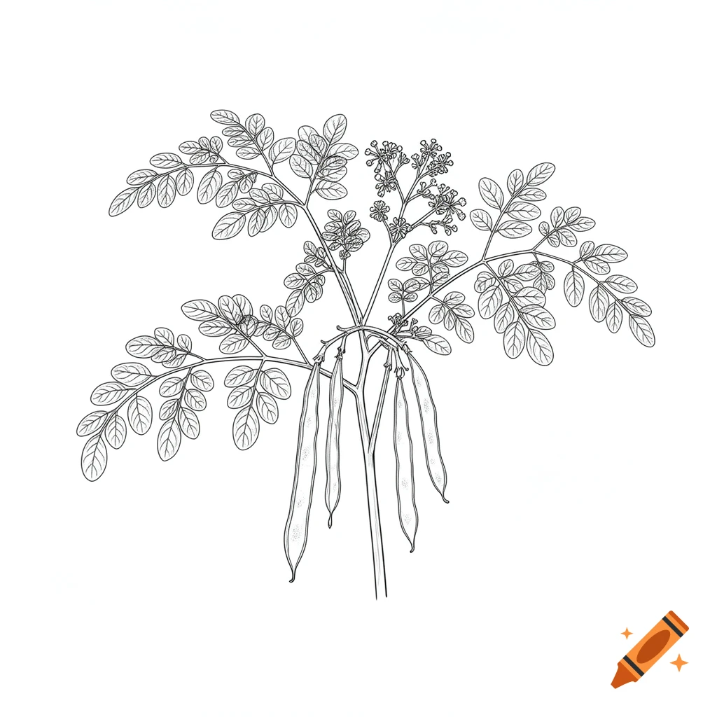 Black and white line art illustration of a Moringa oleifera plant with leaves, clusters of small flowers, and elongated seed pods.