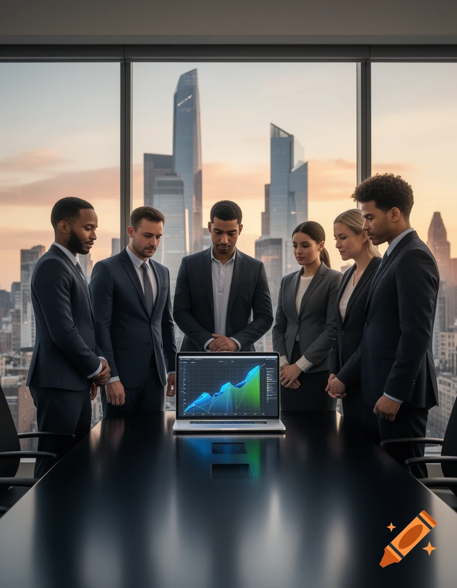 Six diverse business professionals in suits gathered around a laptop on a conference table, with a city skyline at sunset in the background.