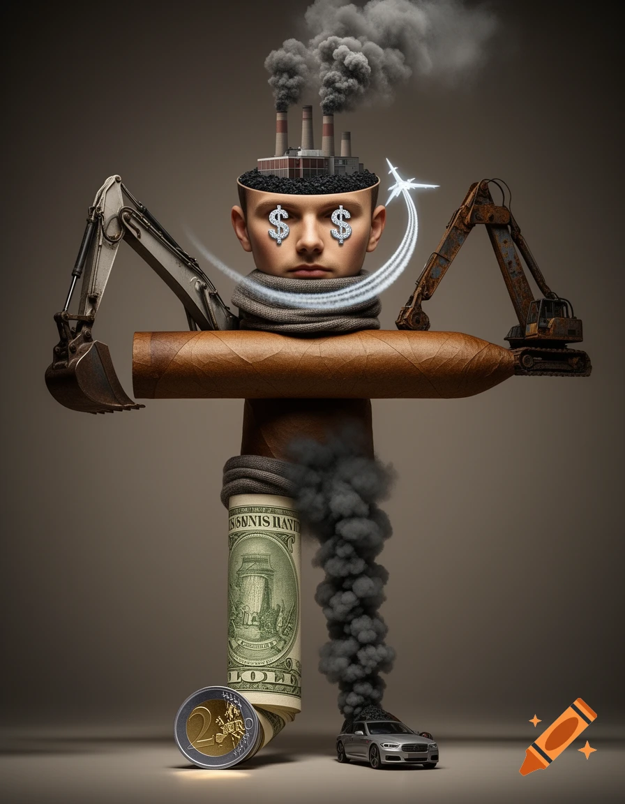 A surreal Vitruvian Man-like figure with a factory for a brain, dollar signs in eyes, excavator arms, a cigar torso, a dollar bill leg with a Euro coin foot, and an exhaust smoke leg with a car foot, all on a beige background.