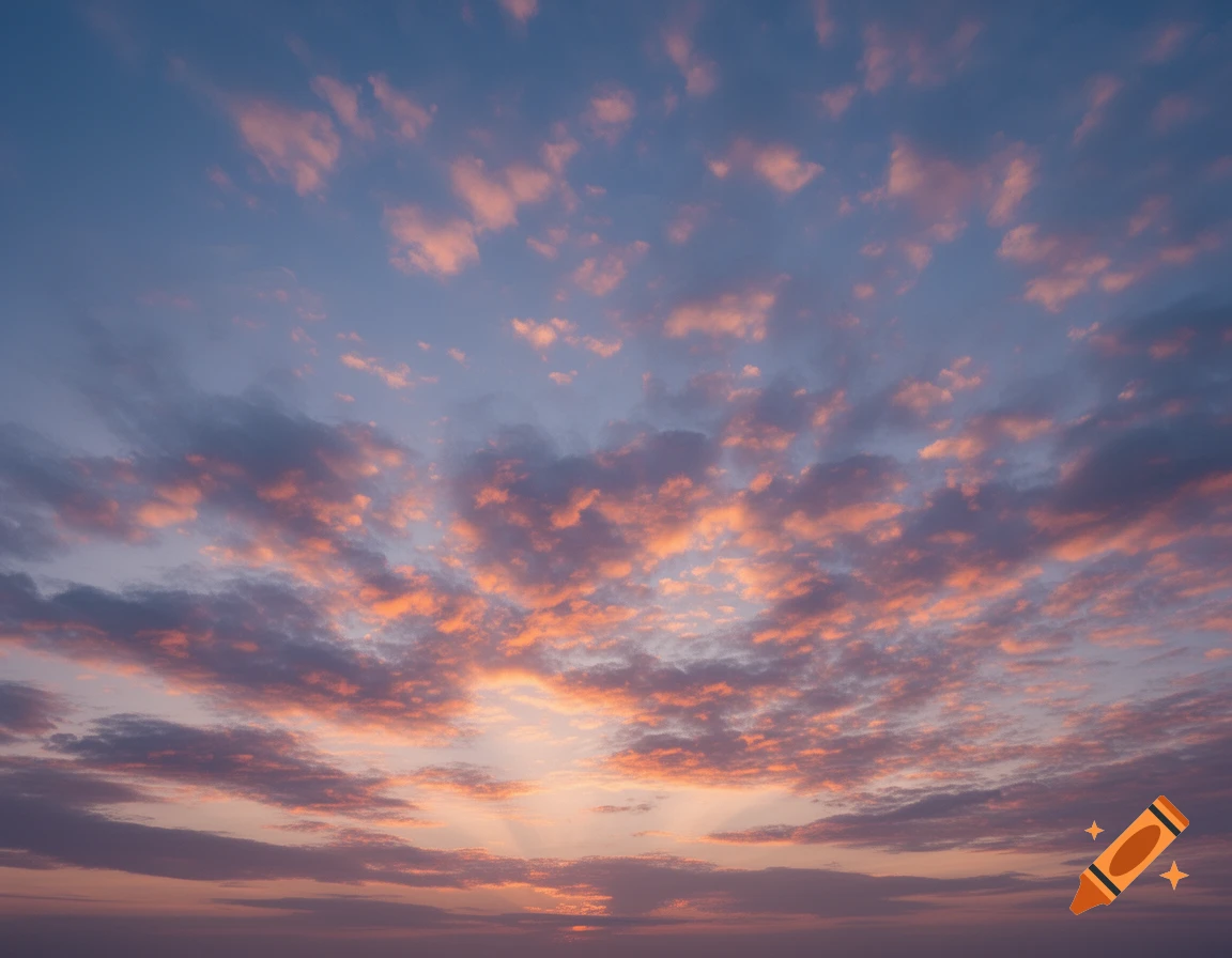 Vibrant sunset sky filled with scattered pink, orange, and purple clouds.
