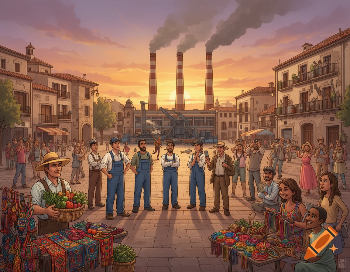 An illustration of a bustling Spanish town square at sunset, featuring market vendors in the foreground and factory workers with smoking smokestacks in the background.