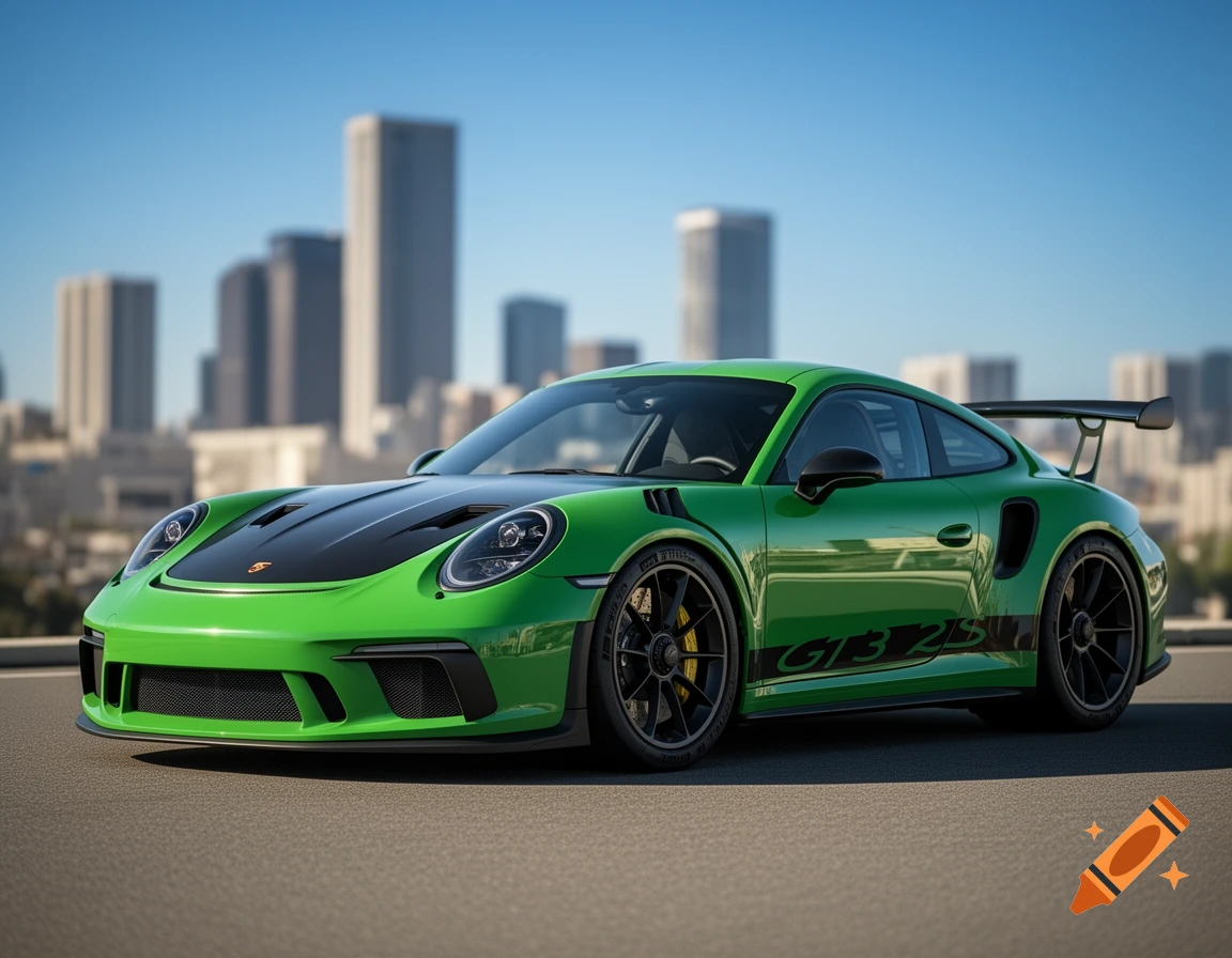Photorealistic green Porsche 911 GT3 RS sports car with a city skyline backdrop on a sunny day.