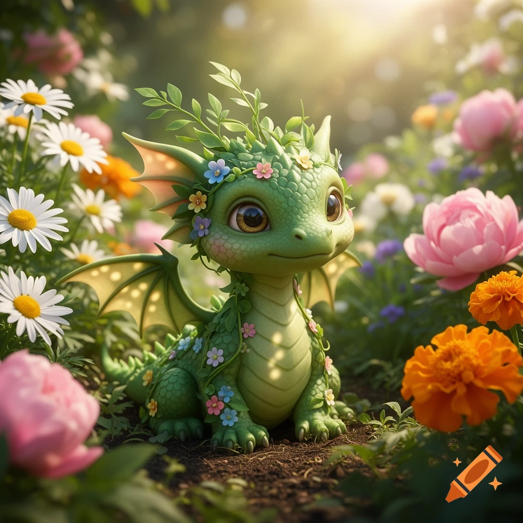 A cute green baby dragon adorned with small flowers and leaves, sitting ...
