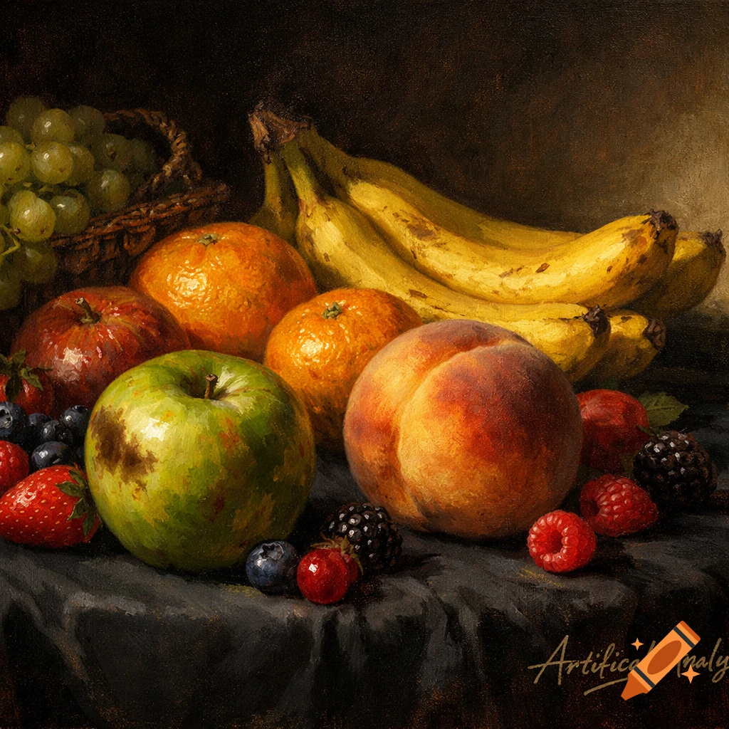 Oil painting still life of green grapes, bananas, oranges, a bruised green apple, a peach, and various berries on a dark cloth.