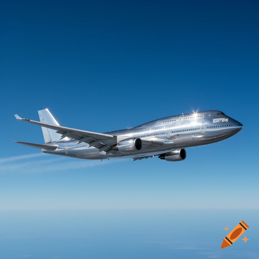 A shiny silver Boeing 747 airplane with 'ISEN' on its nose, flying through a clear blue sky above the ocean.