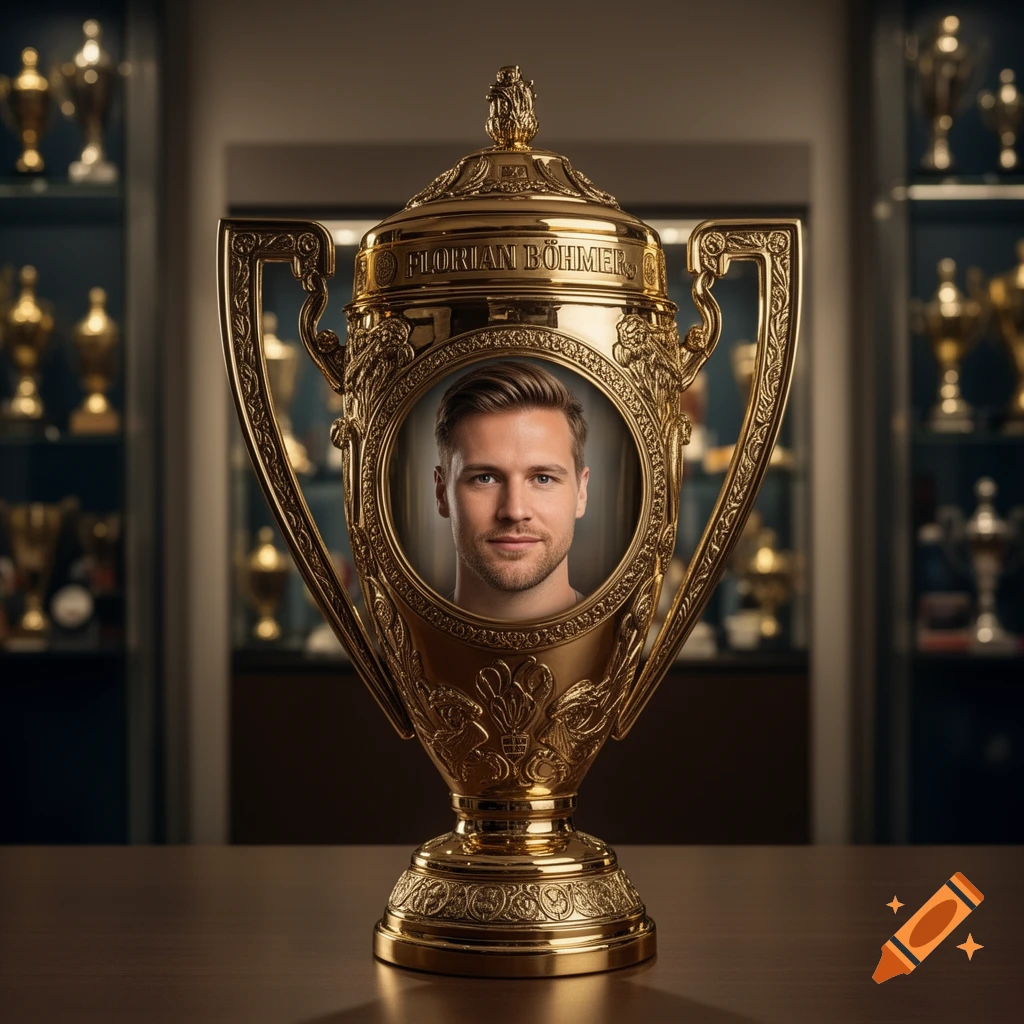 Photorealistic golden trophy with the face of Florian Böhmer in the center, and his name inscribed above.
