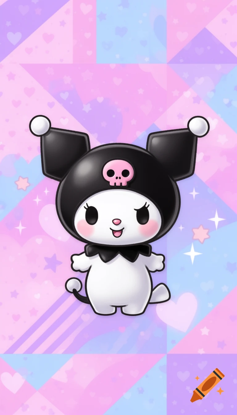 A cute, stylized Kuromi character with black ears and a pink skull emblem, pink cheeks, on a pastel pink, blue, and purple background with hearts and stars.