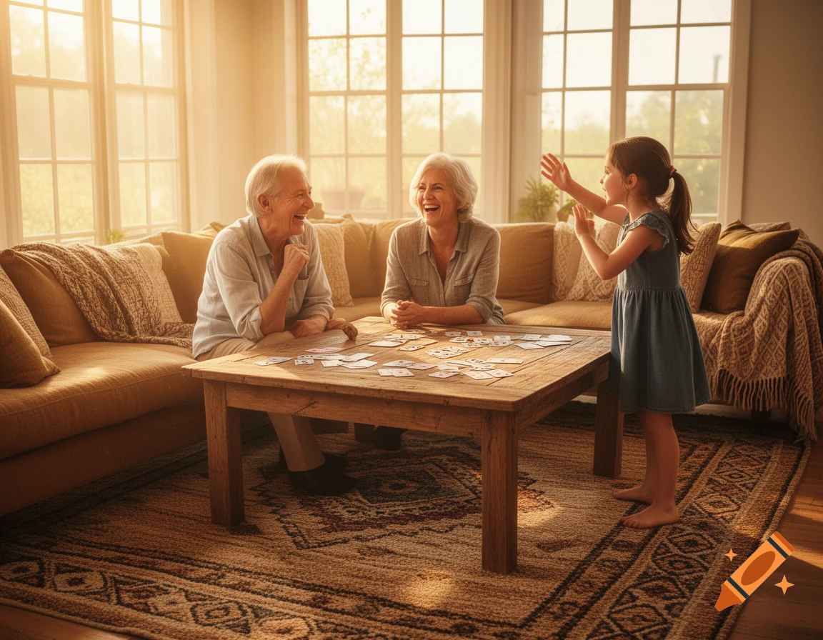A family, including two seniors and a young girl, laughing and playing cards in a sun-drenched living room.
