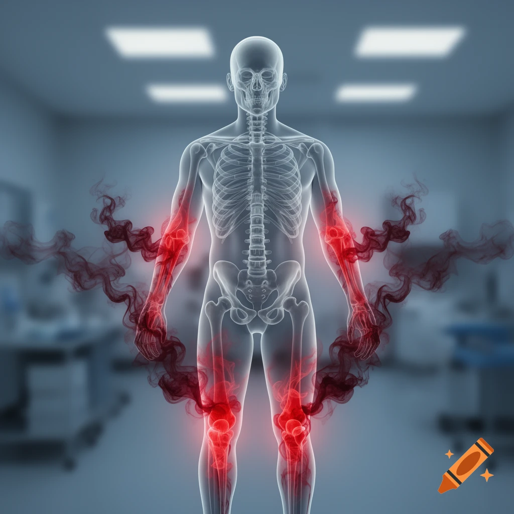 Transparent human body showing skeletal structure with glowing red inflamed joints and dark smoke emerging, in a blurred medical room.