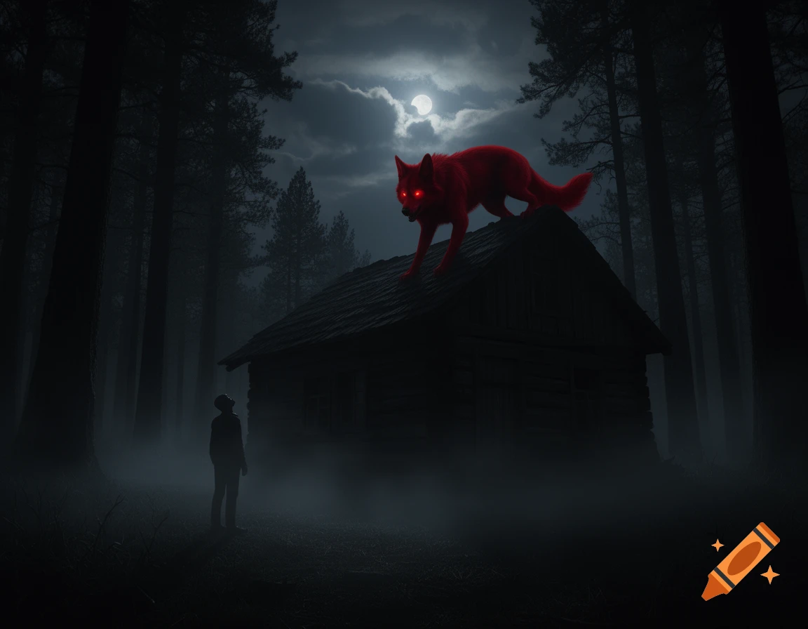 A person looks up at a dark cabin with a red, glowing-eyed wolf-like creature on its roof, in a foggy forest at night under a full moon.