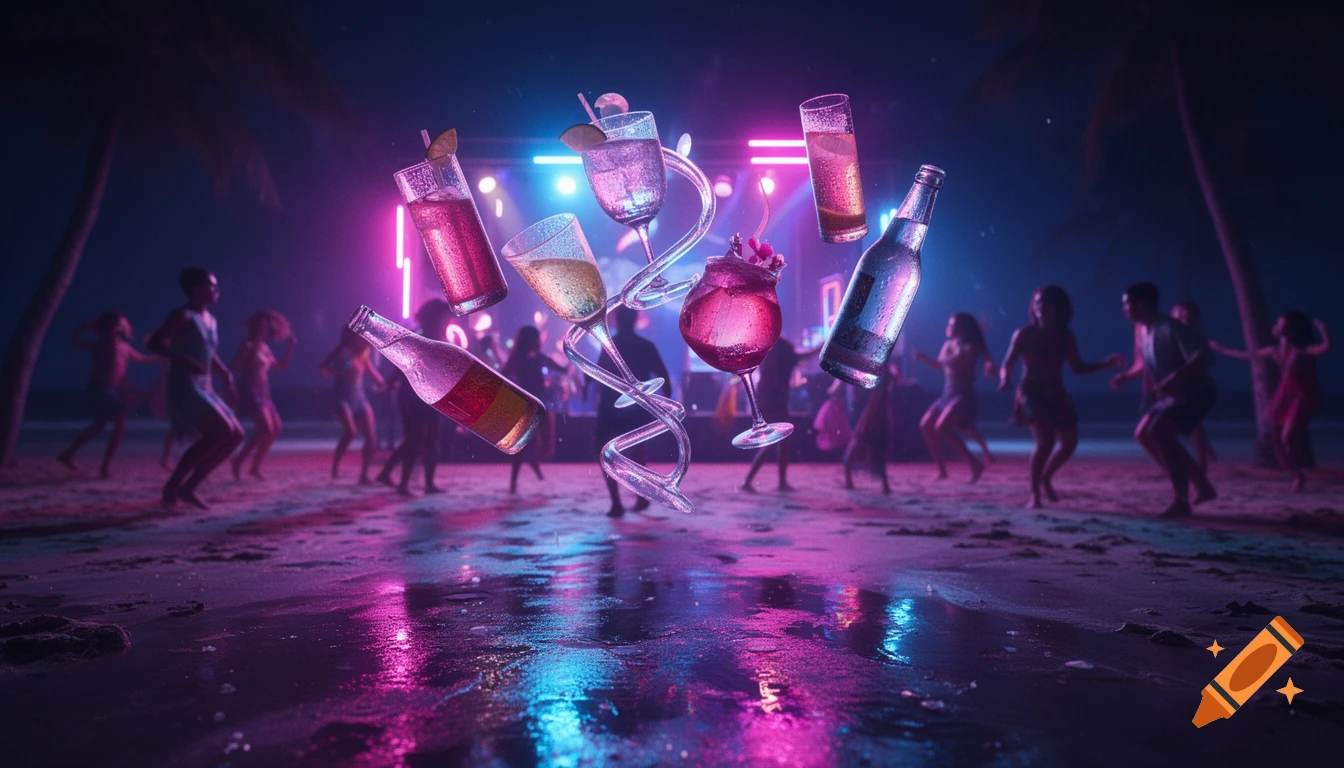 Hyperrealistic image of colorful cocktails and bottles floating above wet sand at a neon-lit beach party with blurred dancers.