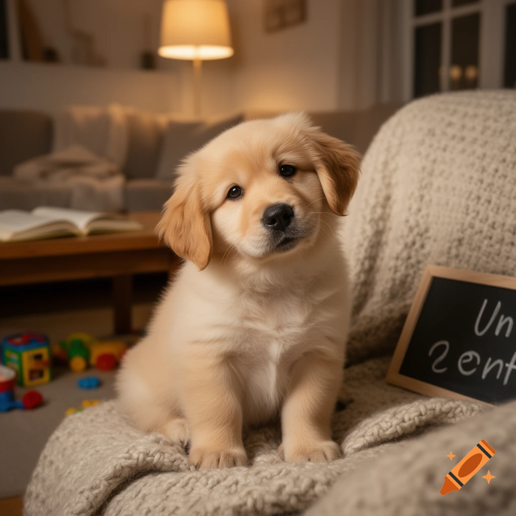 A photorealistic golden retriever puppy sits on a beige knitted blanket in a dimly lit, cozy living room.