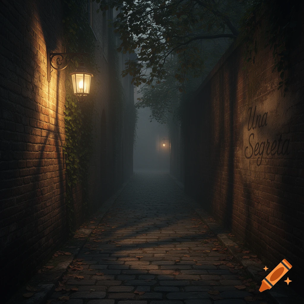 A dark, foggy alleyway with brick walls, glowing lanterns, a cobblestone path, and 'Una Segreta' written on the right wall. Photorealistic.