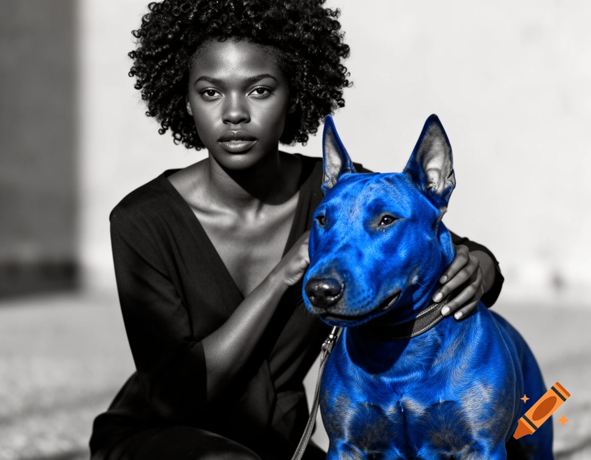 A black and white portrait of a woman with curly hair holding a vibrant blue bull terrier.