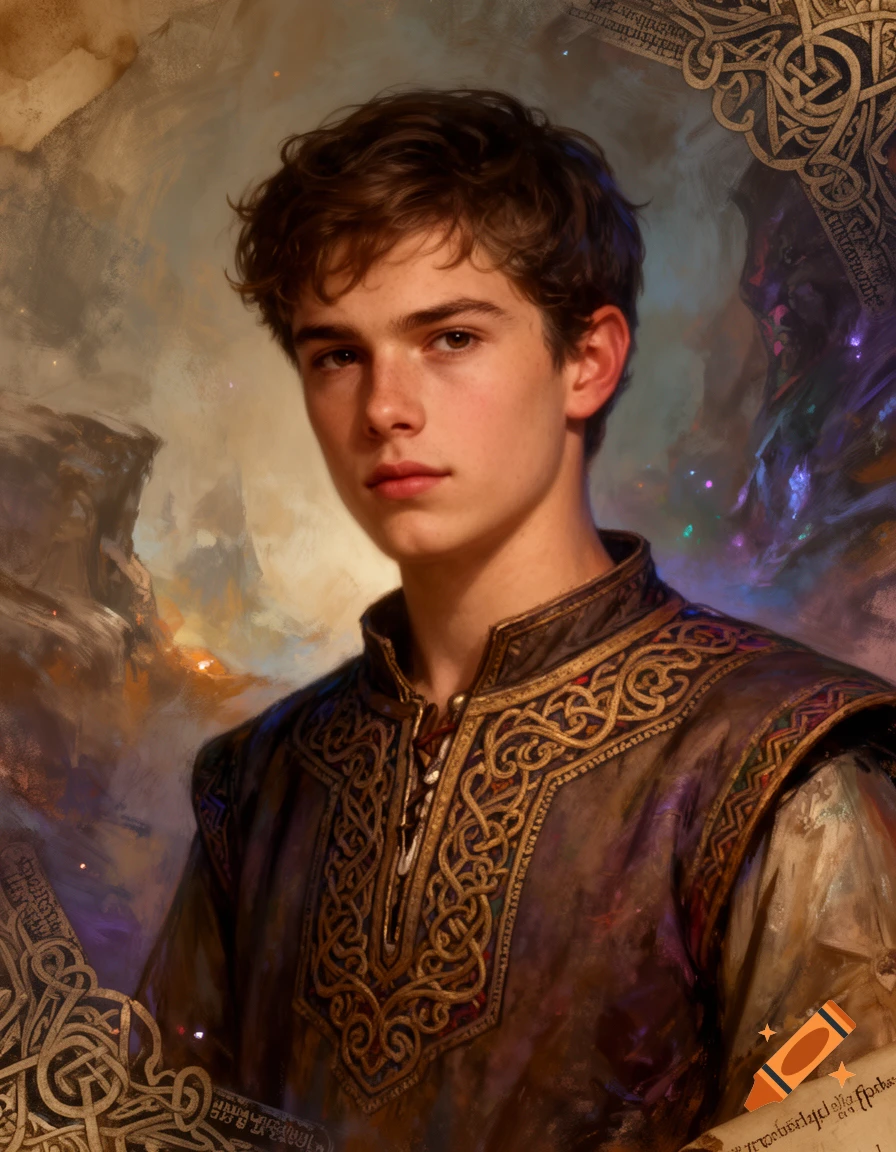 A young man with curly brown hair in an ornate, dark fantasy tunic ...