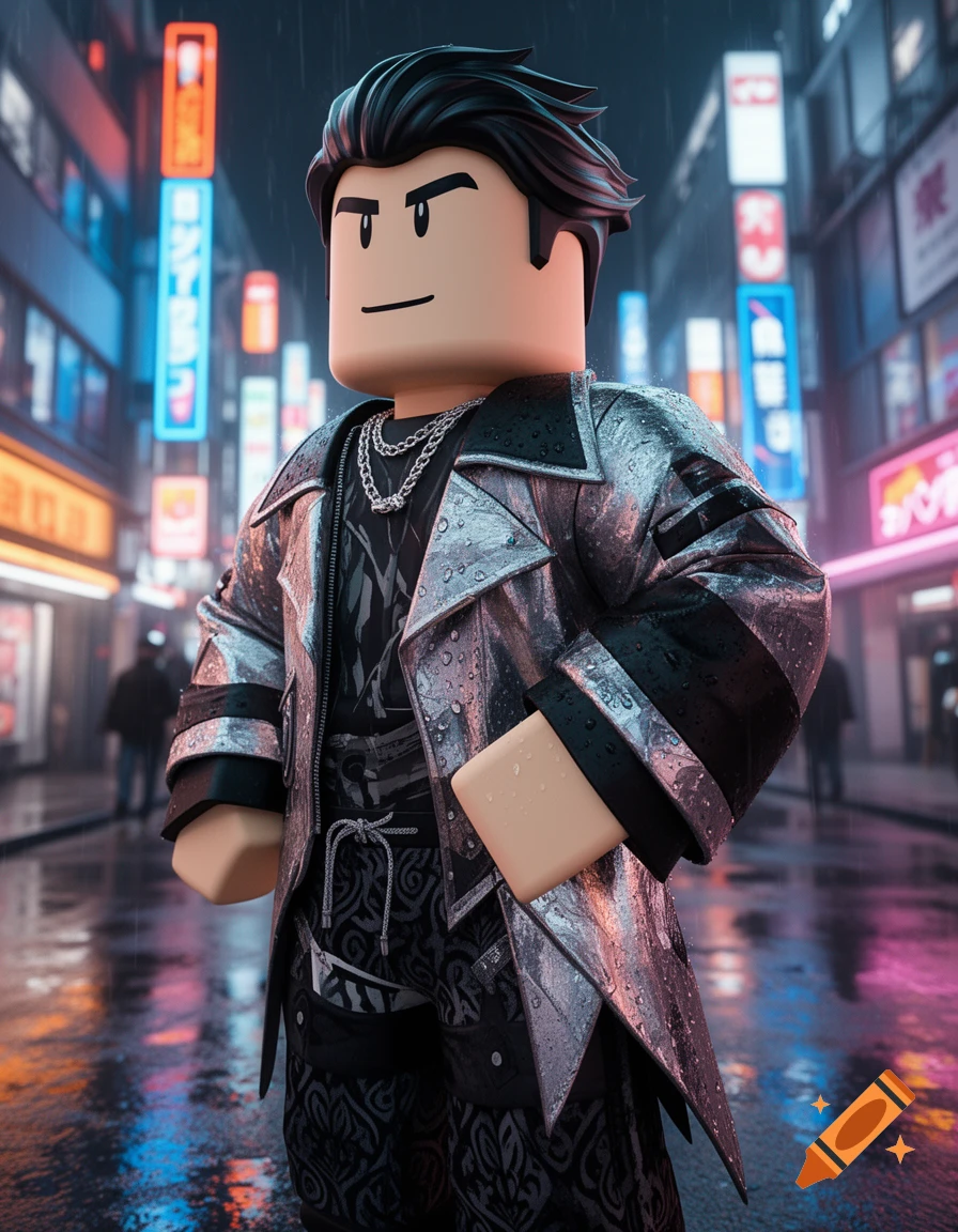 A stylish Roblox character in a metallic jacket in a rainy Tokyo street at night, with blurred neon signs.