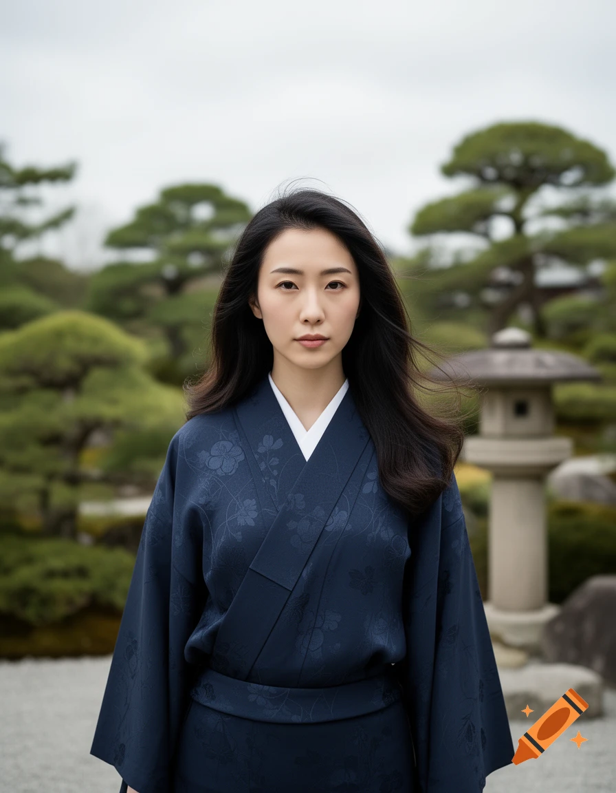 A young Japanese woman in a dark blue traditional kimono stands in a serene Japanese garden.
