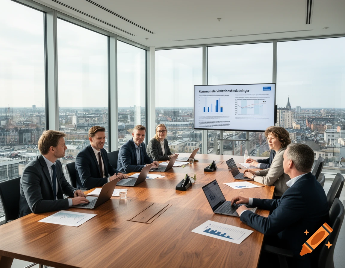 Six professionals in business attire sit around a large conference table with laptops and papers, looking at a screen displaying charts, with a city view from a modern office.