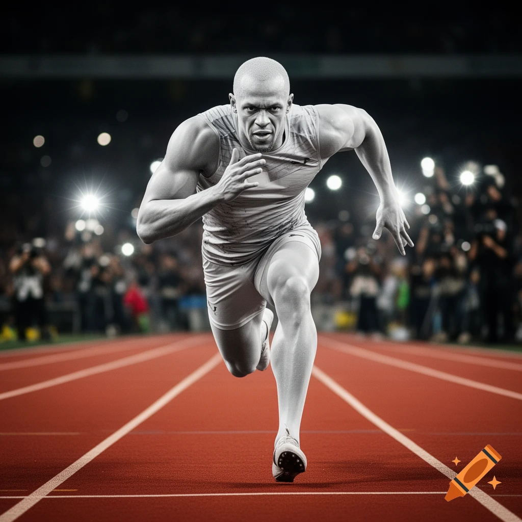 Black and white image of a muscular male runner sprinting on a red track in a stadium, with blurred lights and crowd.