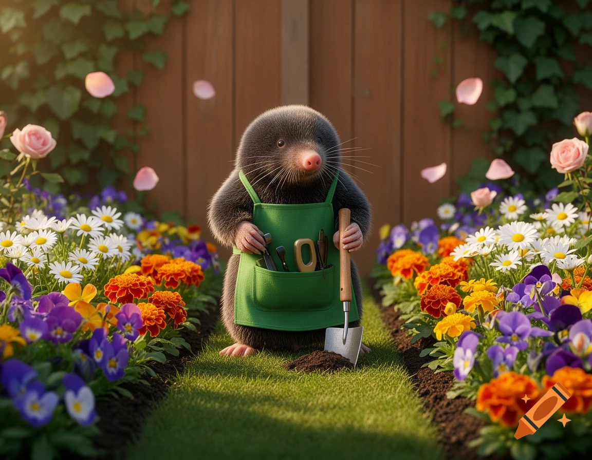 A fluffy mole wearing a green apron stands in a colorful flower garden, holding a small shovel and gardening tools.