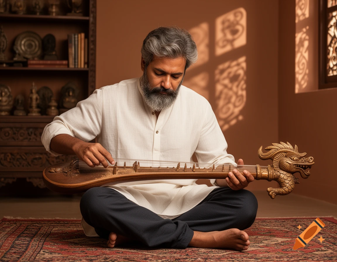 A man with a grey beard plays a wooden makara yazh instrument with a dragon head, sitting on a patterned rug in a sunlit room.