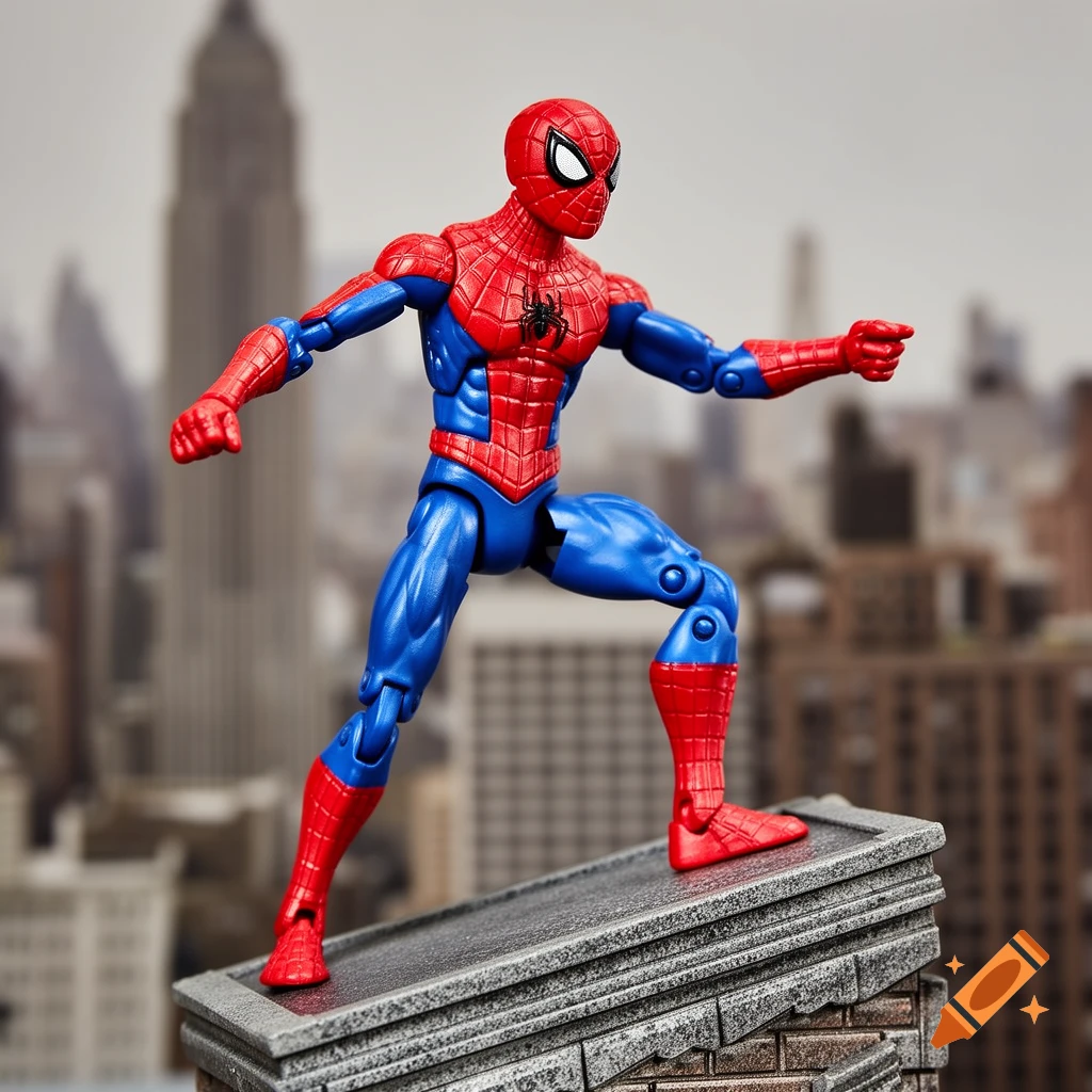 Photorealistic action figure of Spider-Man in a red and blue suit, posed on a rooftop with a blurred city skyline.