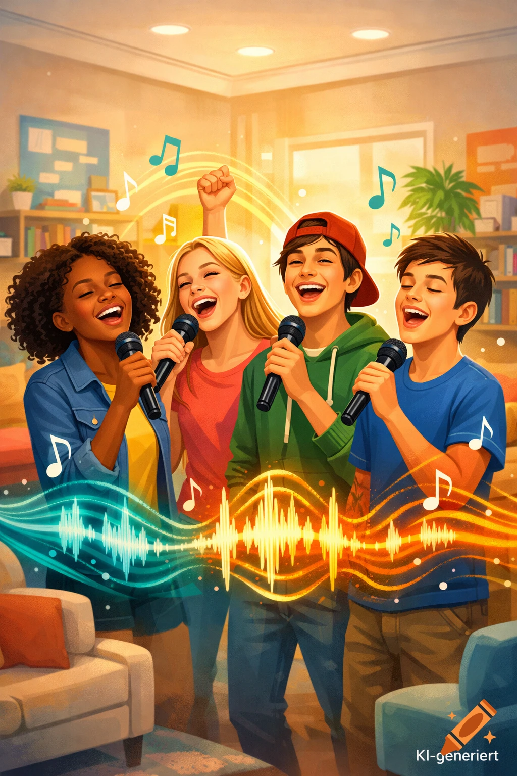 Four happy teenagers singing karaoke with microphones and sound waves in a vibrant, modern illustration.