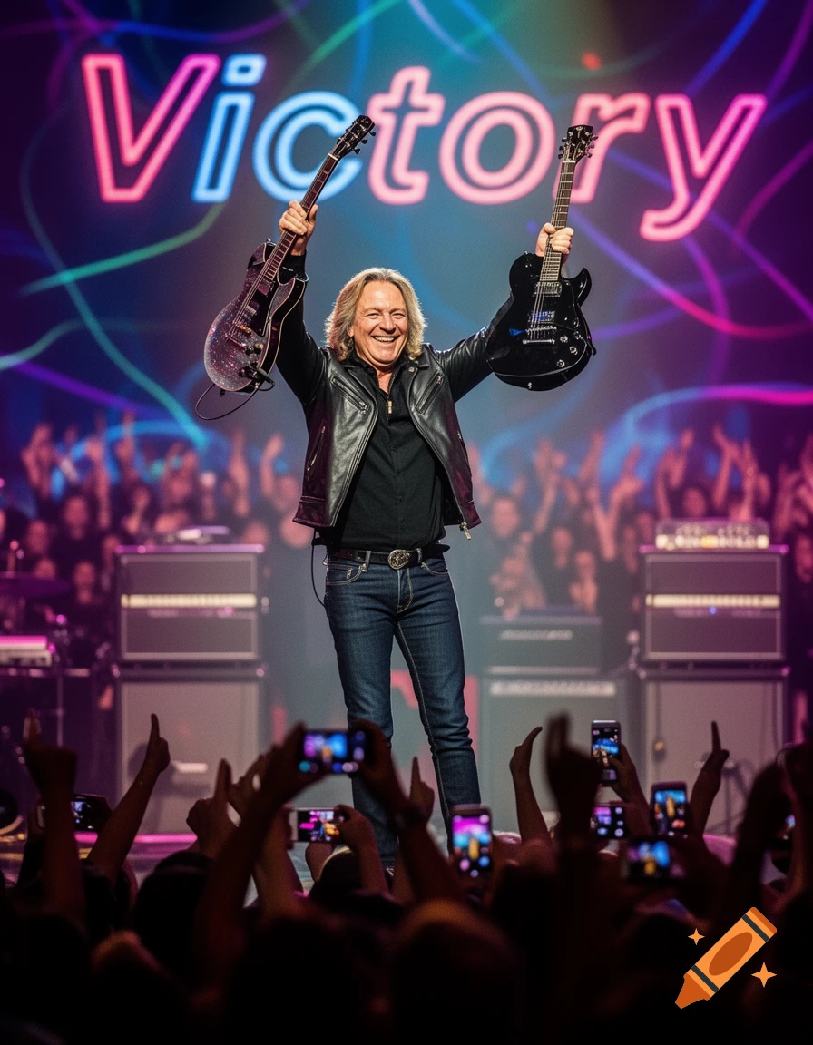 Neal Schon from Journey smiles triumphantly on stage, holding two guitars overhead, with a 'Victory' neon sign and cheering crowd in the background.