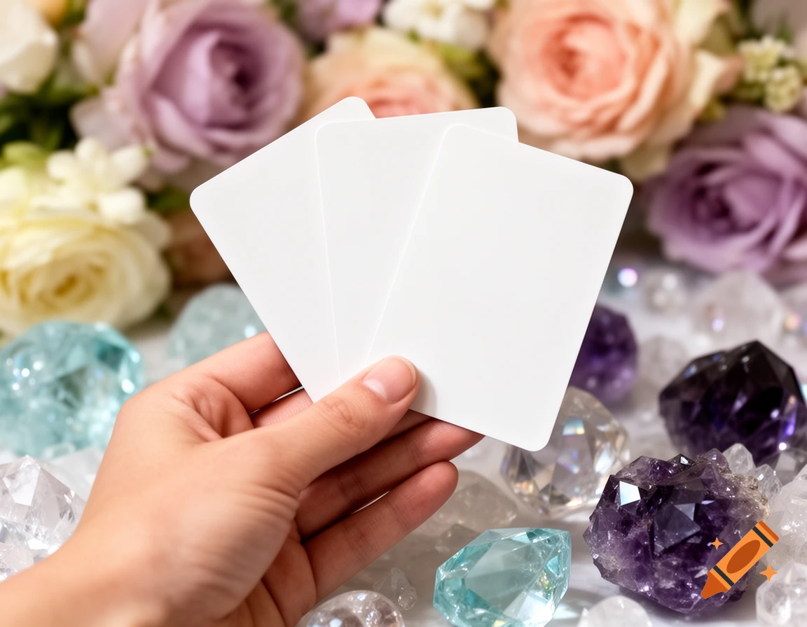 A hand holds three blank white cards against a soft focus background of pink and purple roses, and various clear, blue, and purple crystals.