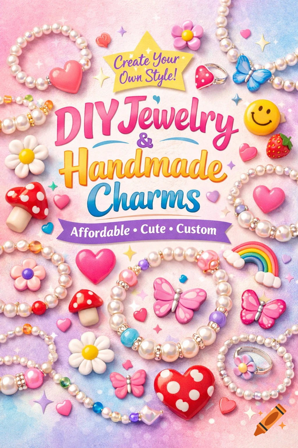 Vibrant poster for DIY jewelry & handmade charms with pearl bracelets, rings, and colorful polymer clay charms on a pastel background.