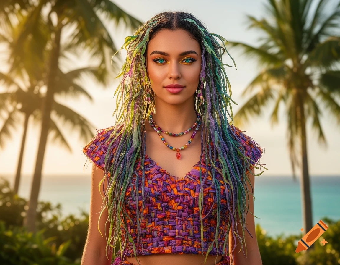 Photorealistic portrait of a woman with vibrant multi-colored dreadlocks and blue-yellow eyes, wearing a woven crop top and necklaces, against a tropical sunset beach with palm trees.