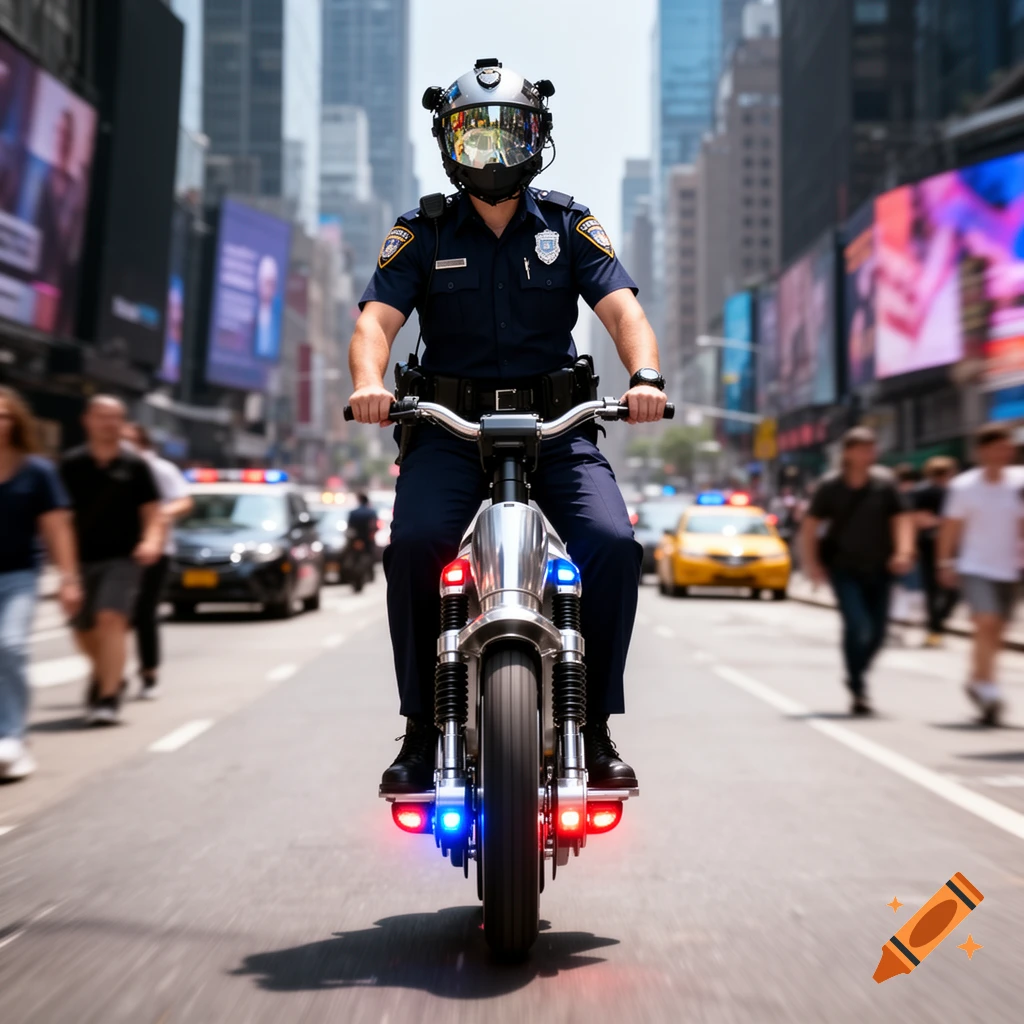 A futuristic police officer rides a sleek unicycle with flashing lights down a busy city street during the day.