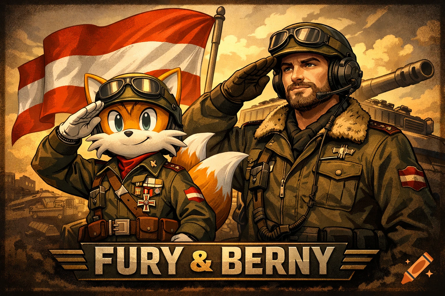 A cartoon fox (Tails) and a man in military uniforms salute before an Austrian flag and tanks. Text: FURY & BERNY.