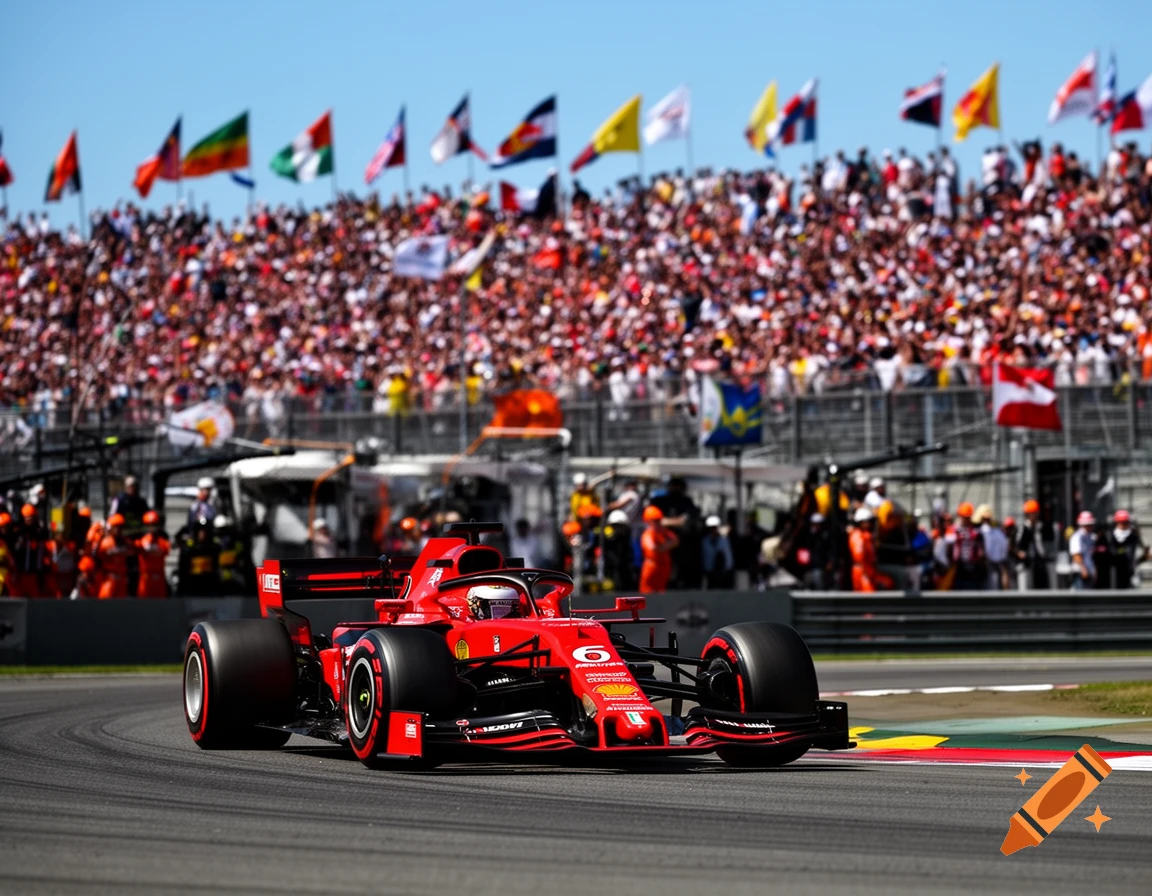 A red Formula 1 race car with number 6 on a track, speeding past a grandstand packed with cheering spectators and various flags under a clear sky.