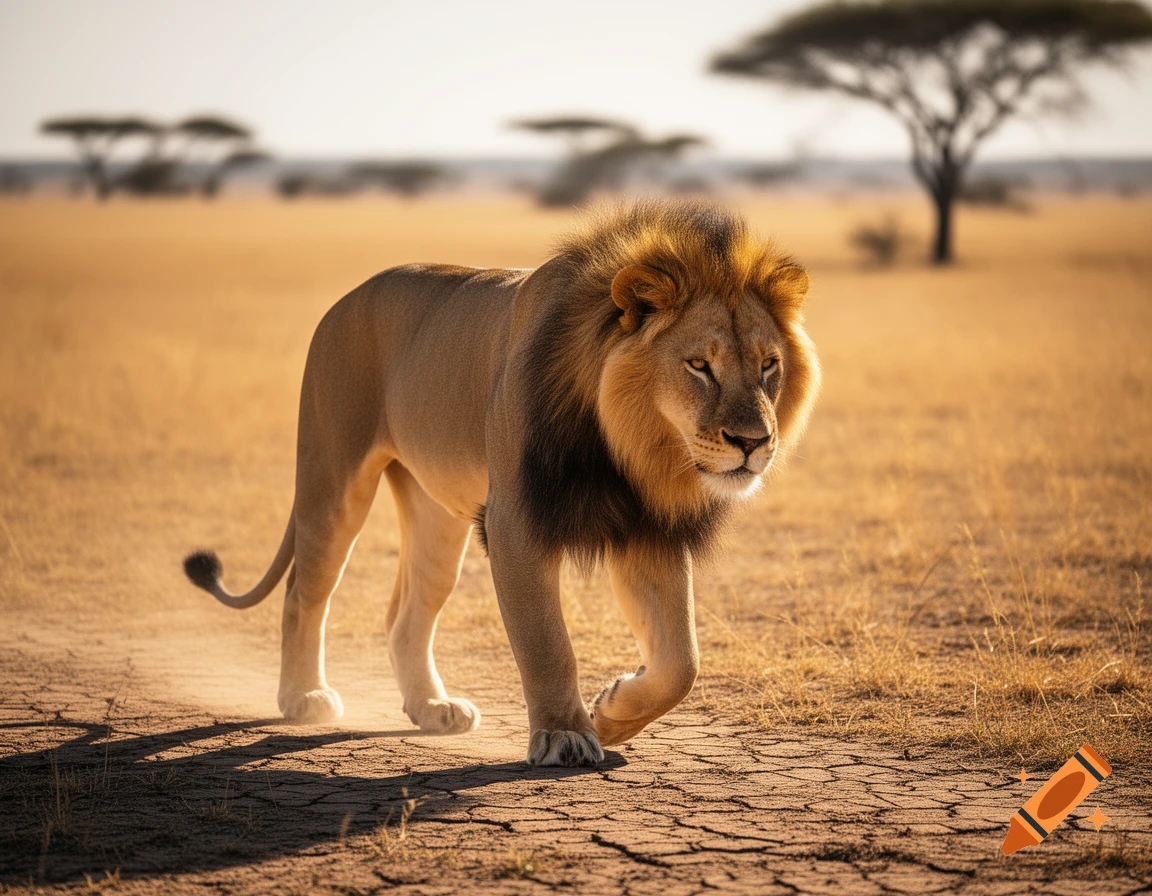 A majestic male lion walks across dry, cracked savanna ground under a bright sky, with acacia trees in the background.