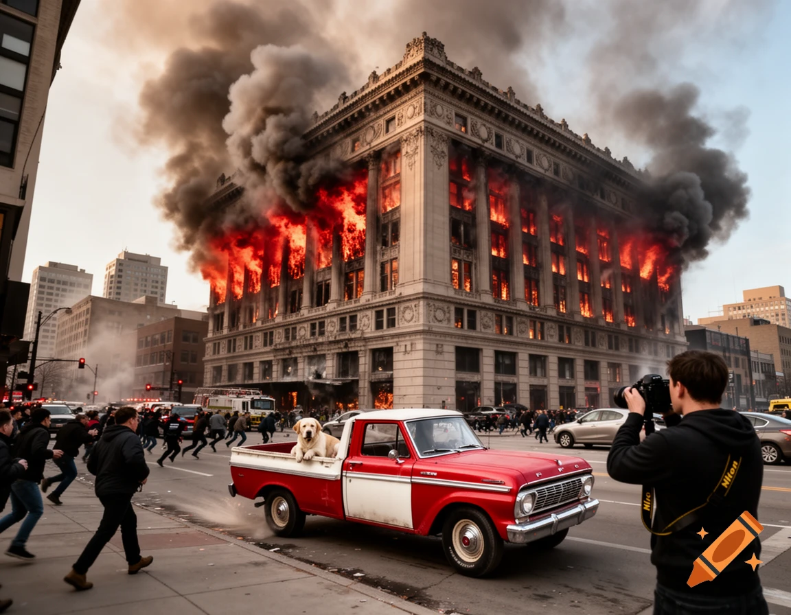 Photorealistic scene of a city building on fire with black smoke. People flee, a man takes photos, a Labrador in a red pickup truck.