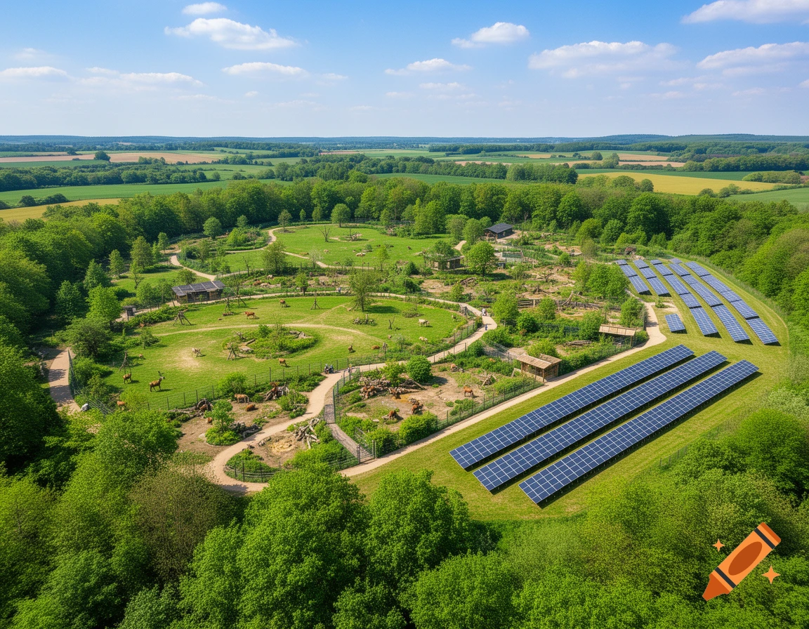 Aerial view of a green animal park with winding paths, enclosures, small animals, and two large arrays of solar panels on a sunny day.
